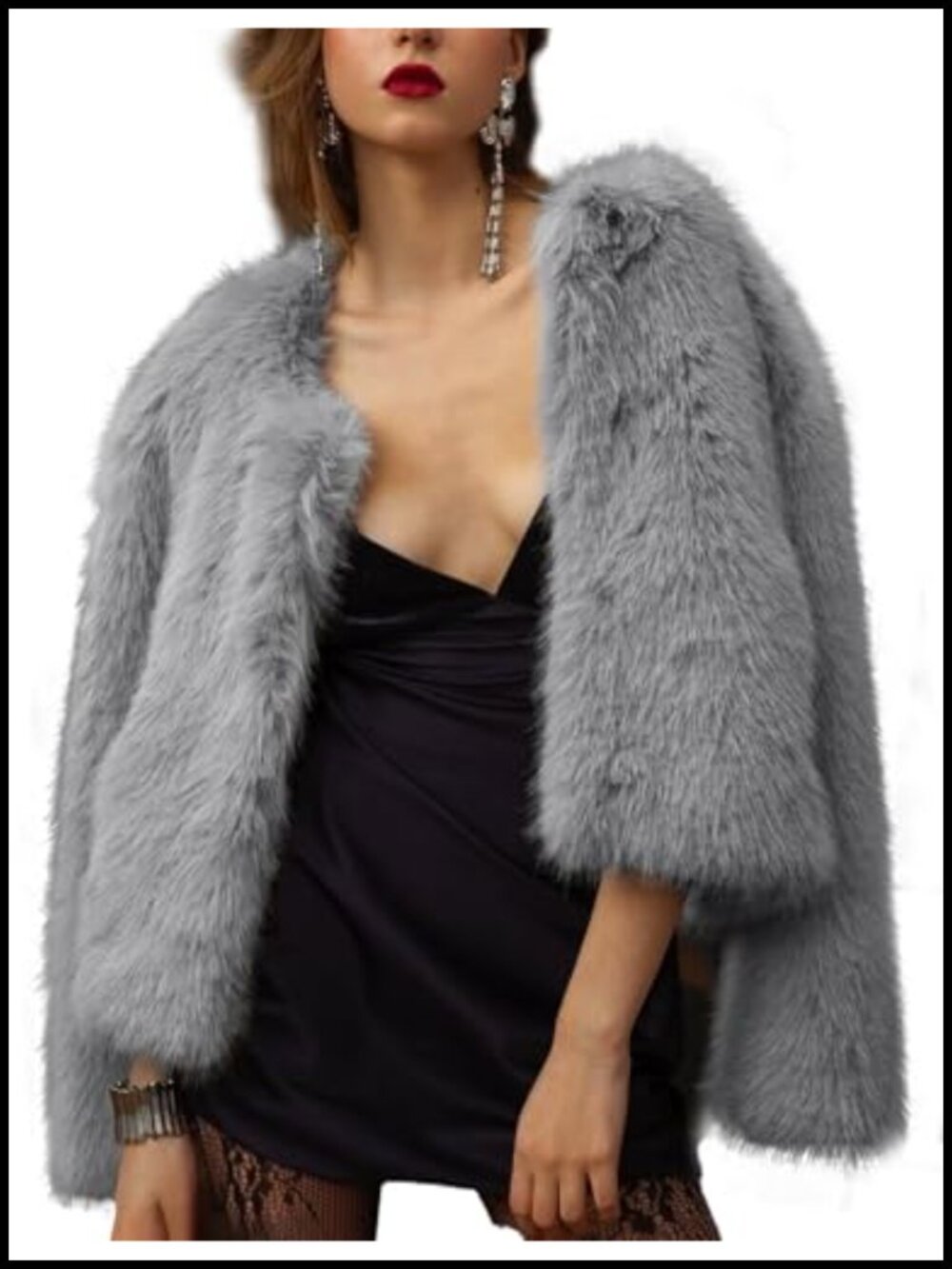 Womens Cropped Faux Fur Coat Fluffy Long Sleeve Jacket with Pockets